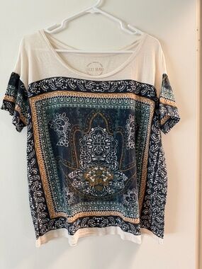 Lucky Brand Cream, Navy & Gold Printed Short Sleeve Tee- XL